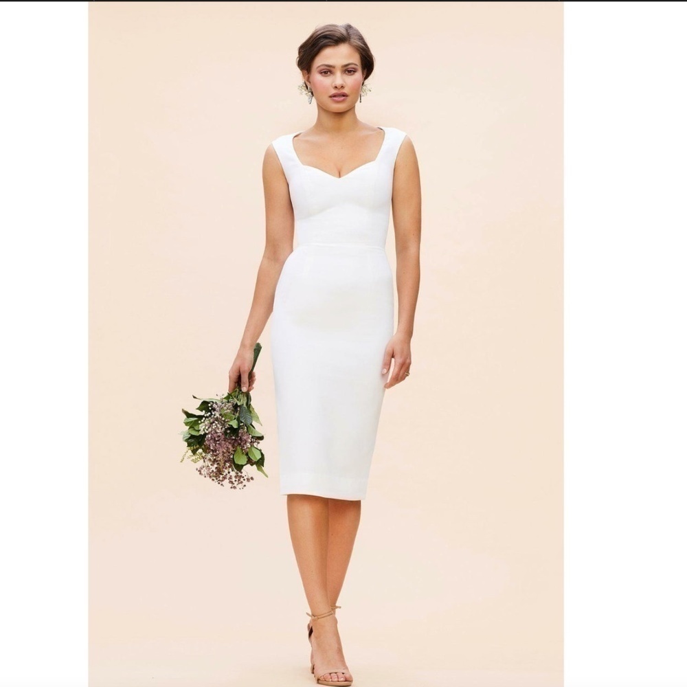 Dress the Population Elle Queen Anne Sweetheart Neck Sheath Midi White Dress